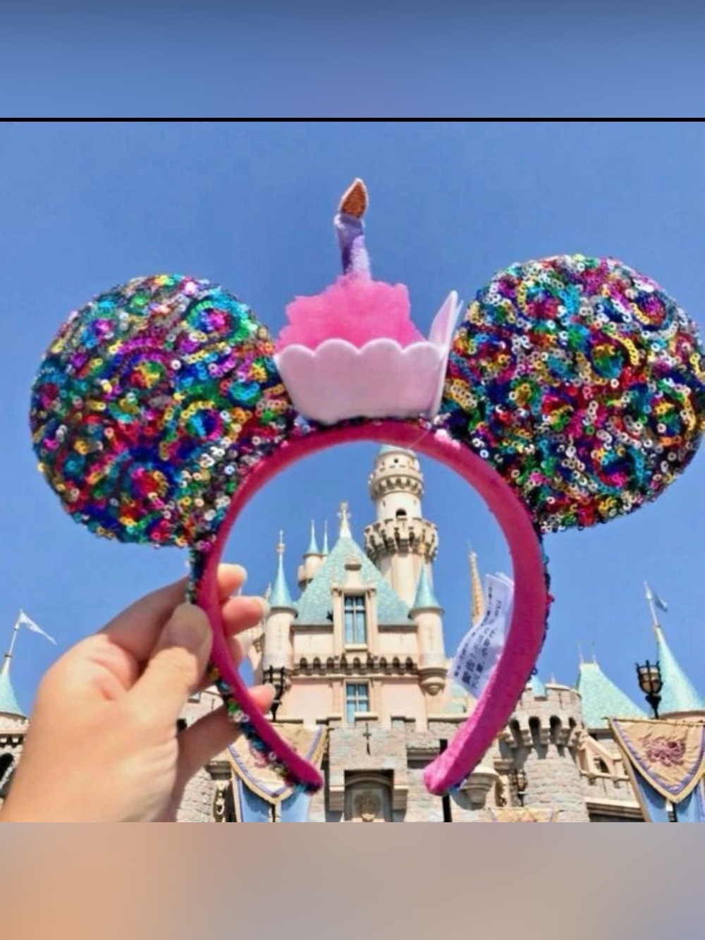 Disney Parks Official “Happy Birthday” Cupcake Cake Sequin Minnie/Mickey Ears.